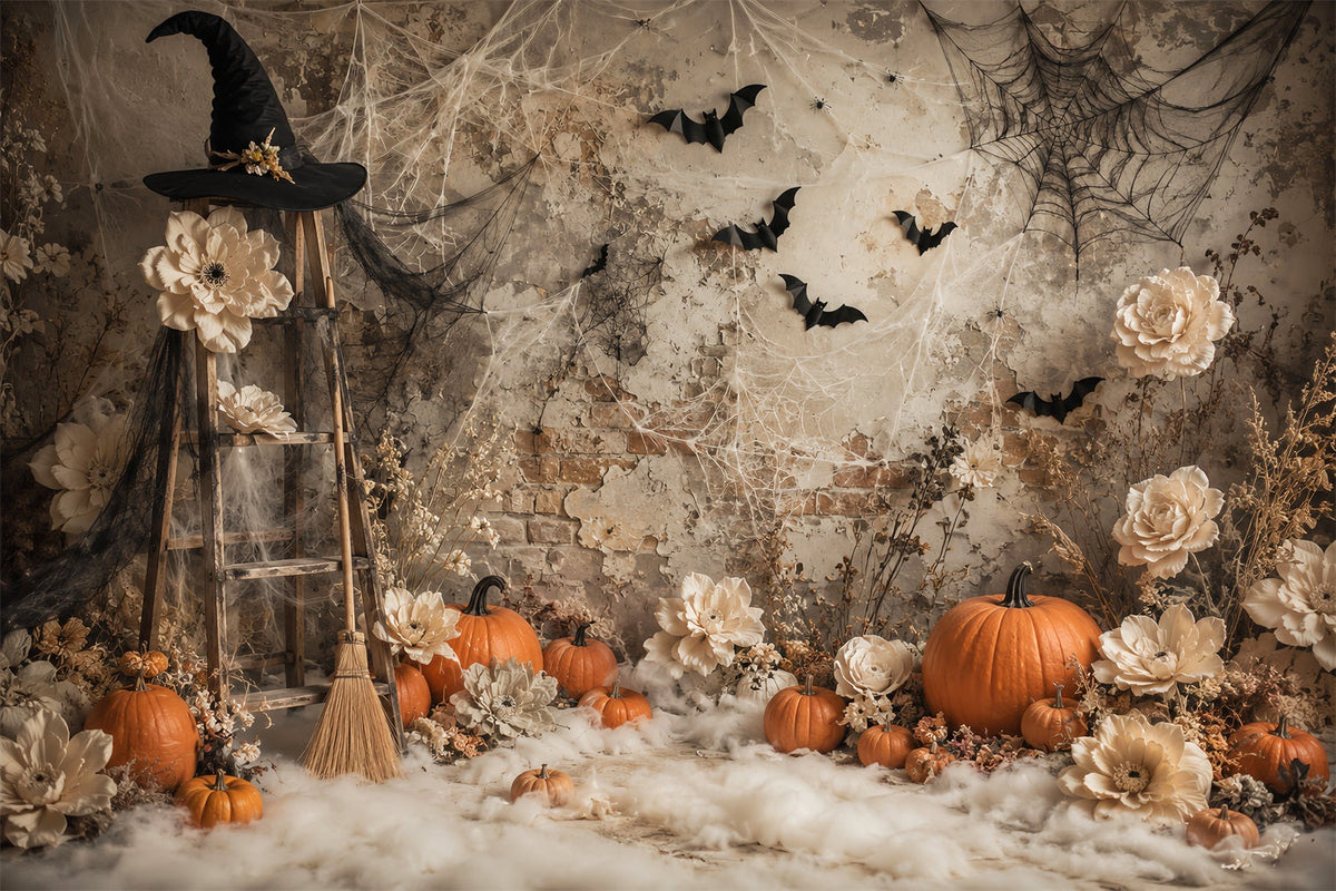 Halloween-Kürbis-Hintergrund Boho-Hexe Blumenkürbisse Halloween-Fotohintergrund-Ideen LXX67-119