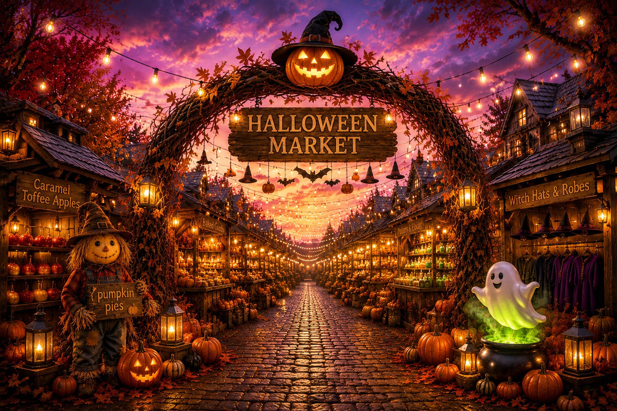 Halloween-Kürbis-Hintergrund Festlicher Kürbismarkt Straßen-Halloween-Fotohintergrund Ideen LXX67-12