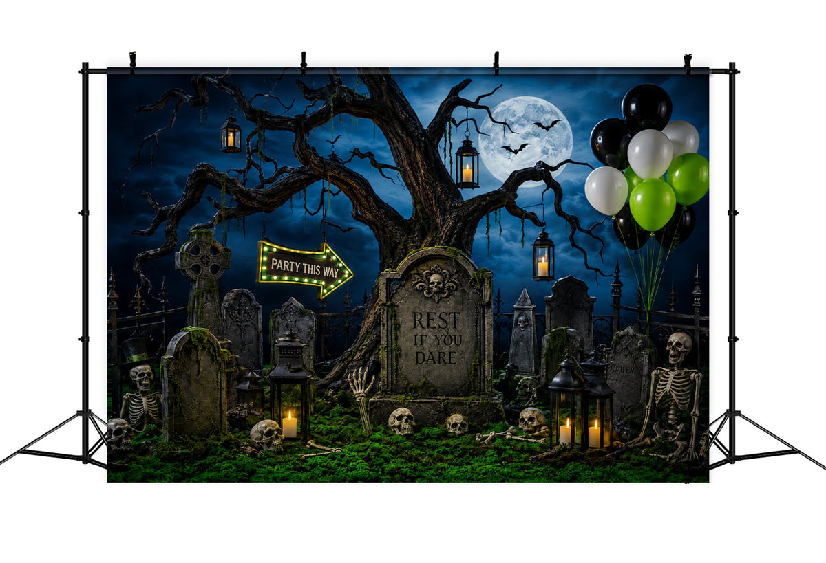 Individuell Gestaltete Halloween-KulisseMondbeschienener Friedhof Skelettparty Halloween-Friedhof-Kulisse LXX67-124