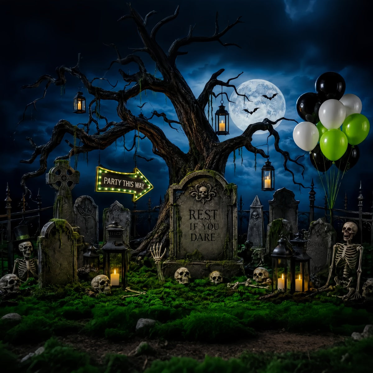 Individuell Gestaltete Halloween-KulisseMondbeschienener Friedhof Skelettparty Halloween-Friedhof-Kulisse LXX67-124