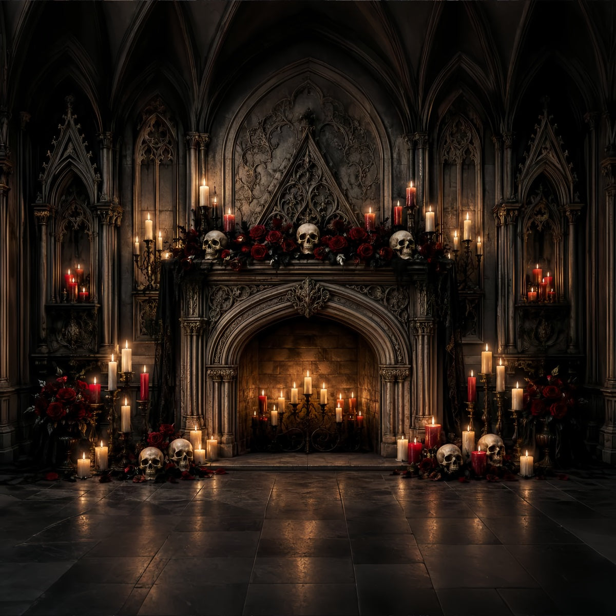 Halloween-Fotohintergrund-IdeenGothic-Totenkopf Kerze Kamin Halloween-Fotohintergrund LXX67-125