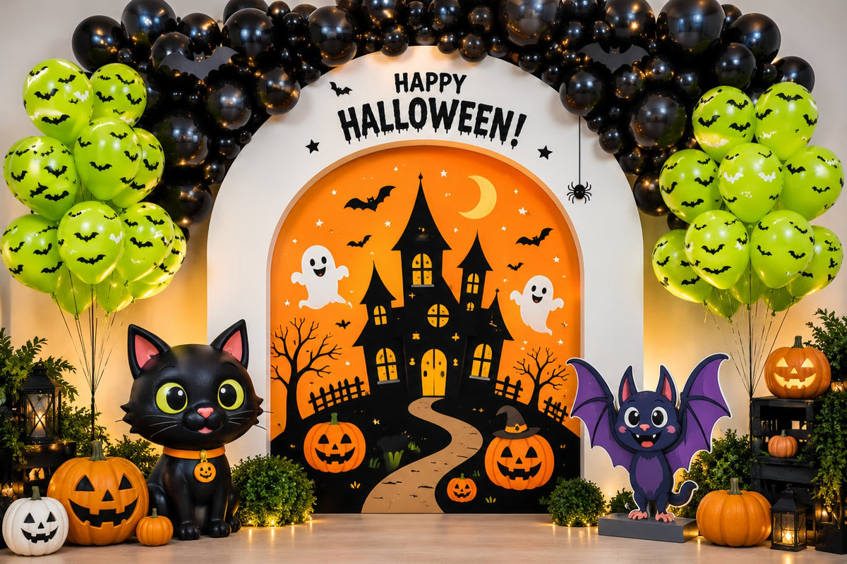 Halloween-Fotohintergrund Mit Niedlicher Katze Und Ballons Für Die Halloween-Party LXX67-130