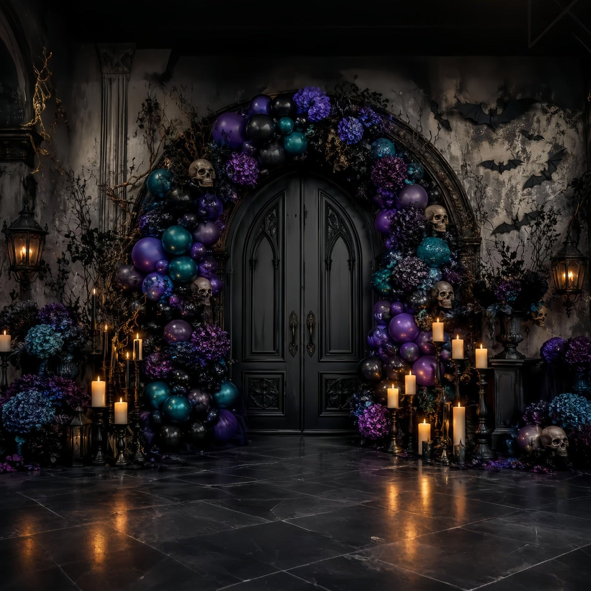 Halloween-Ballon-Hintergrund Totenkopf-Tür Blumenbogen Halloween-Themen-Hintergrund LXX67-139