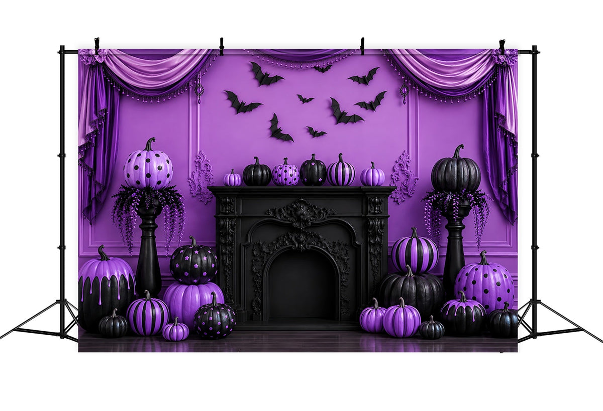 Halloween-Bühnenhintergrund Lila Kürbis Gotischer Kamin Halloween-Fotografie-Hintergründe LXX67-144