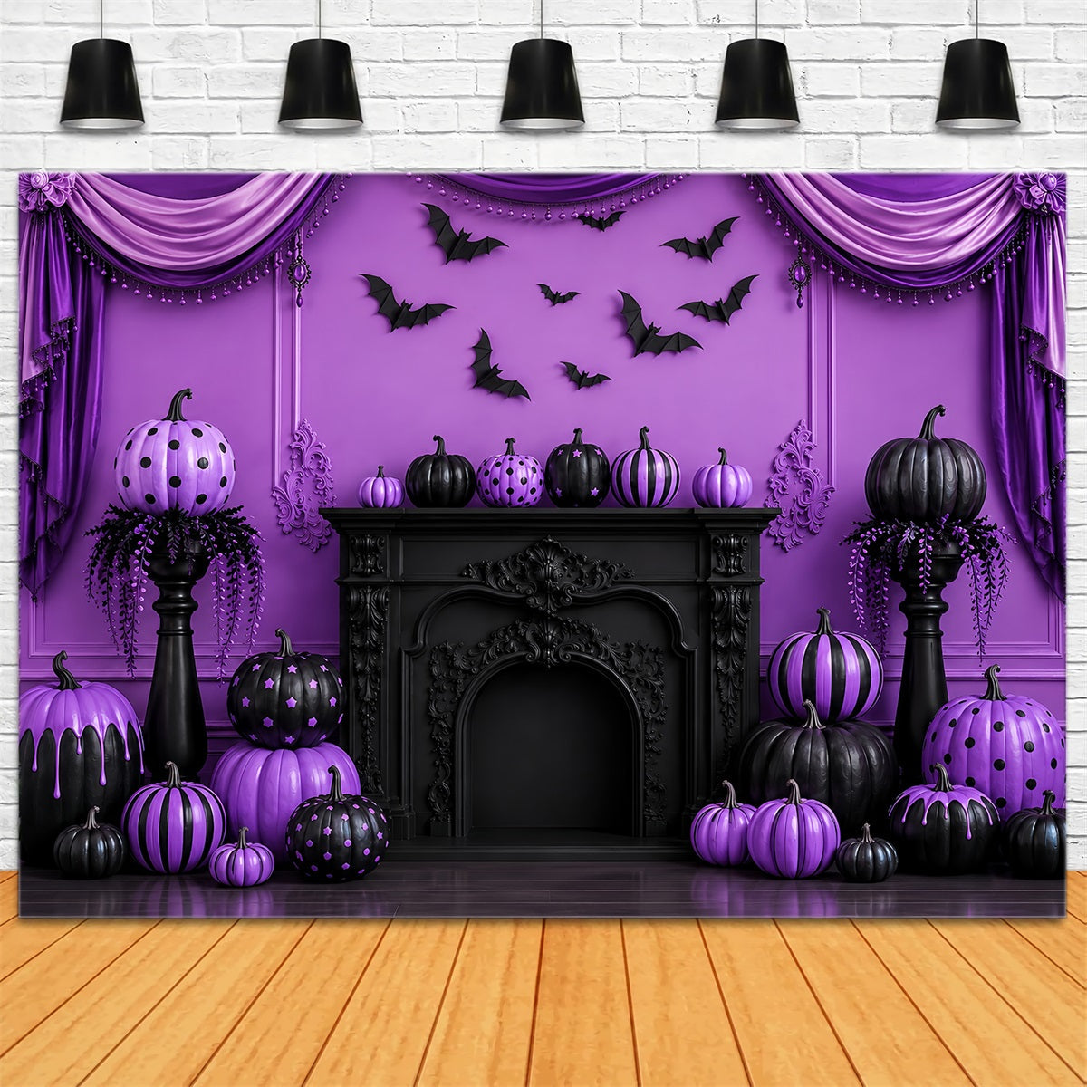 Halloween-Bühnenhintergrund Lila Kürbis Gotischer Kamin Halloween-Fotografie-Hintergründe LXX67-144