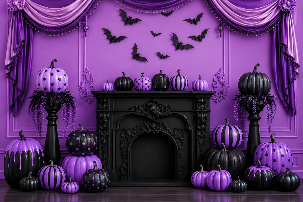 Halloween-Bühnenhintergrund Lila Kürbis Gotischer Kamin Halloween-Fotografie-Hintergründe LXX67-144