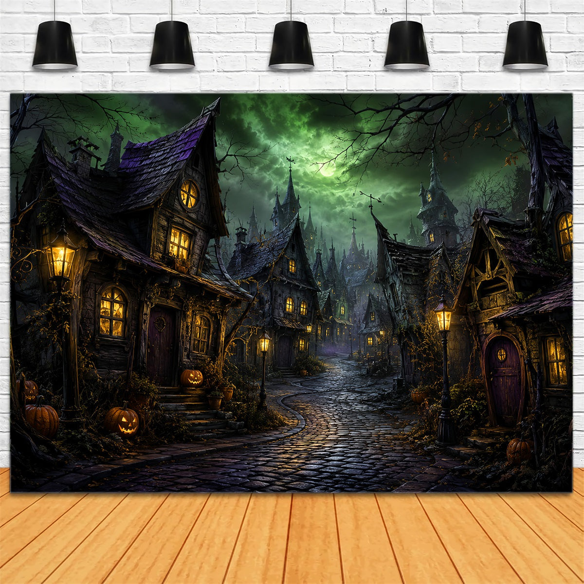 Fotohintergründe Halloween Grüner Mond Krummes Dorf Halloween Stadt Hintergrund LXX67-146