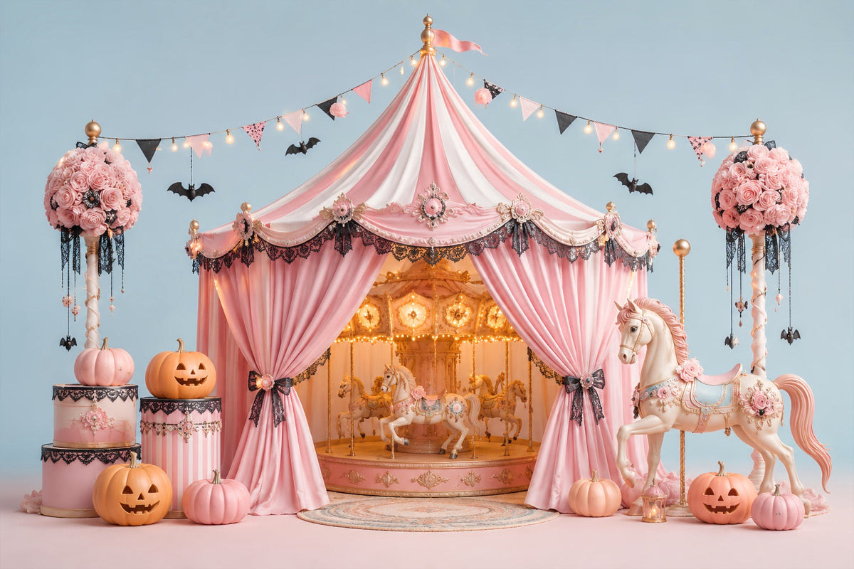 Halloween-FotohintergrundRosa Karussell-Kürbiszelt Halloween-Zirkus-Hintergrund LXX67-148