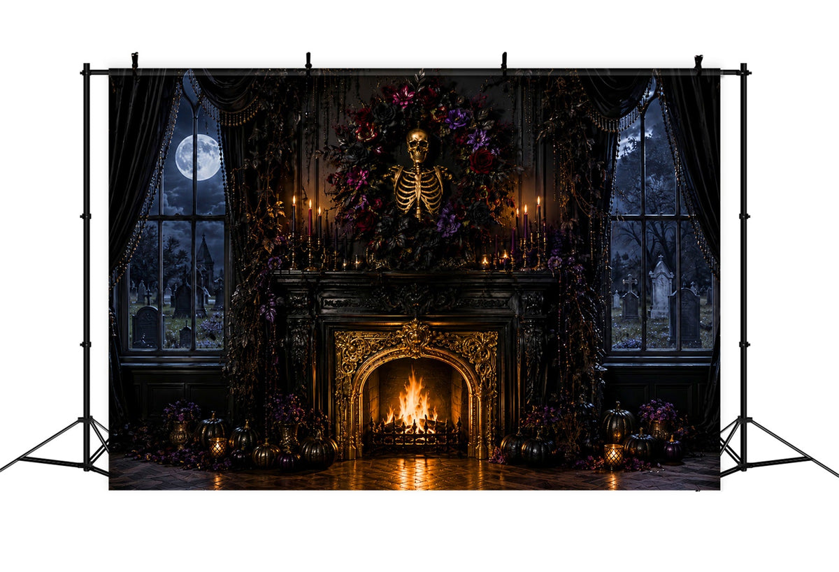 Halloween-FotohintergrundSkelett Blumen Gotischer Kamin – Gruseliger Halloween-Hintergrund LXX67-151