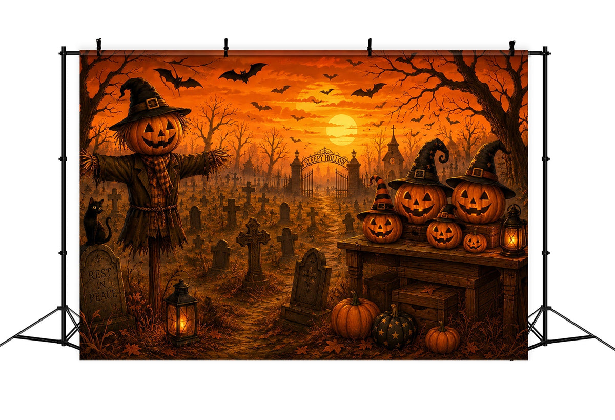 Halloween-Stoffhintergrund Vogelscheuche Kürbis Friedhof Sonnenuntergang Friedhof Halloween-Hintergründe LXX67-152