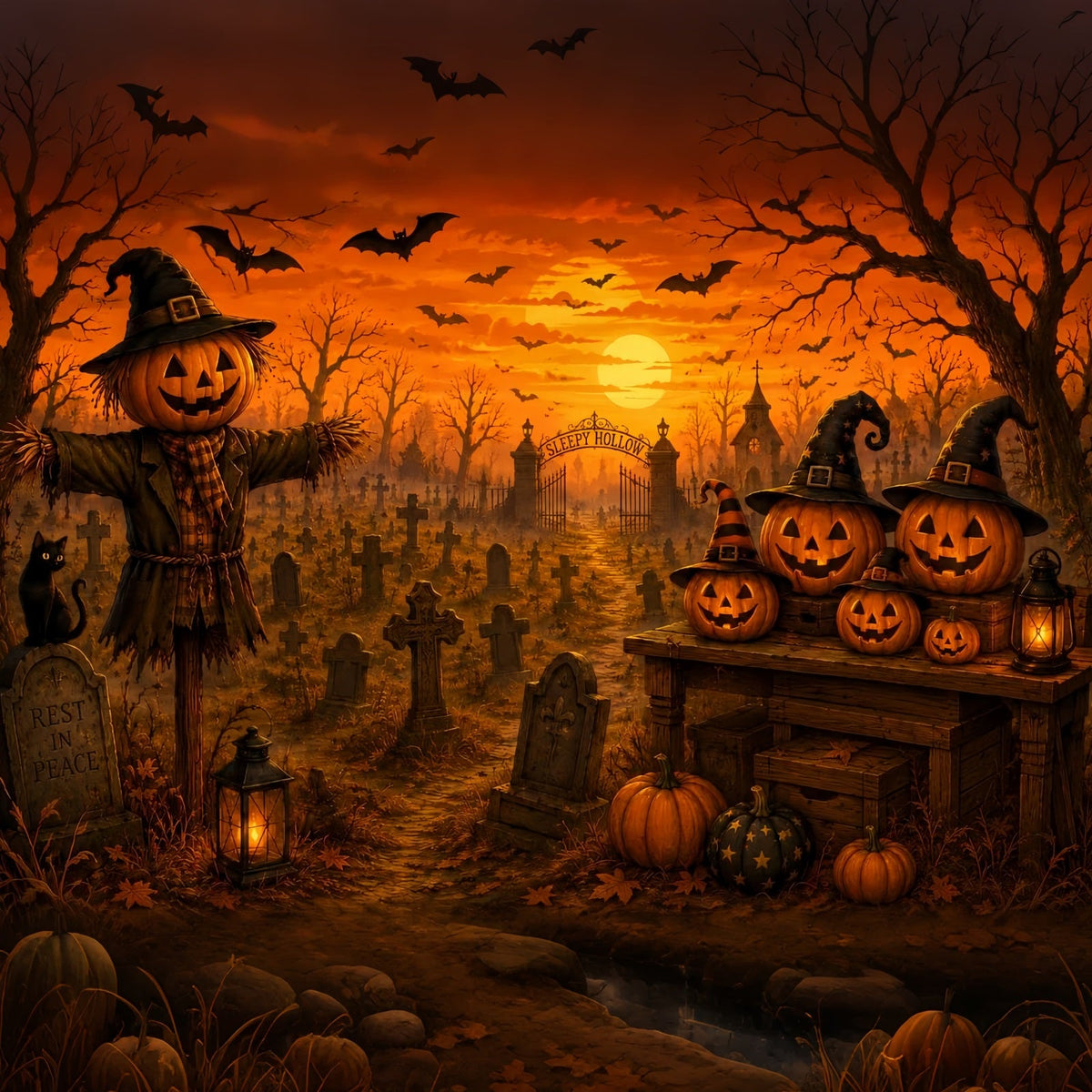 Halloween-Stoffhintergrund Vogelscheuche Kürbis Friedhof Sonnenuntergang Friedhof Halloween-Hintergründe LXX67-152