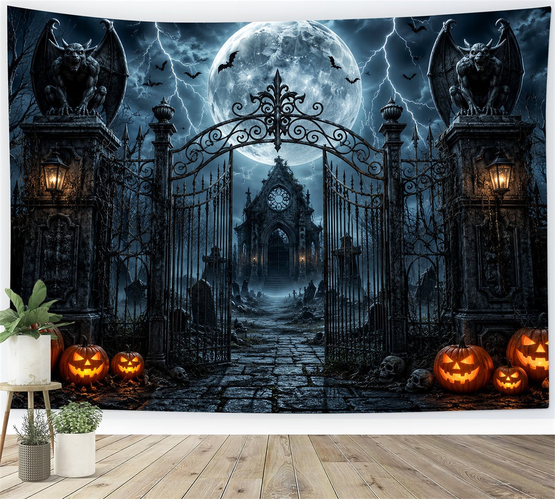 Halloween-Party-Fotohintergrund-IdeenStürmisches Gargoyle-Friedhofstor Gruseliger Halloween-Hintergrund LXX67-154