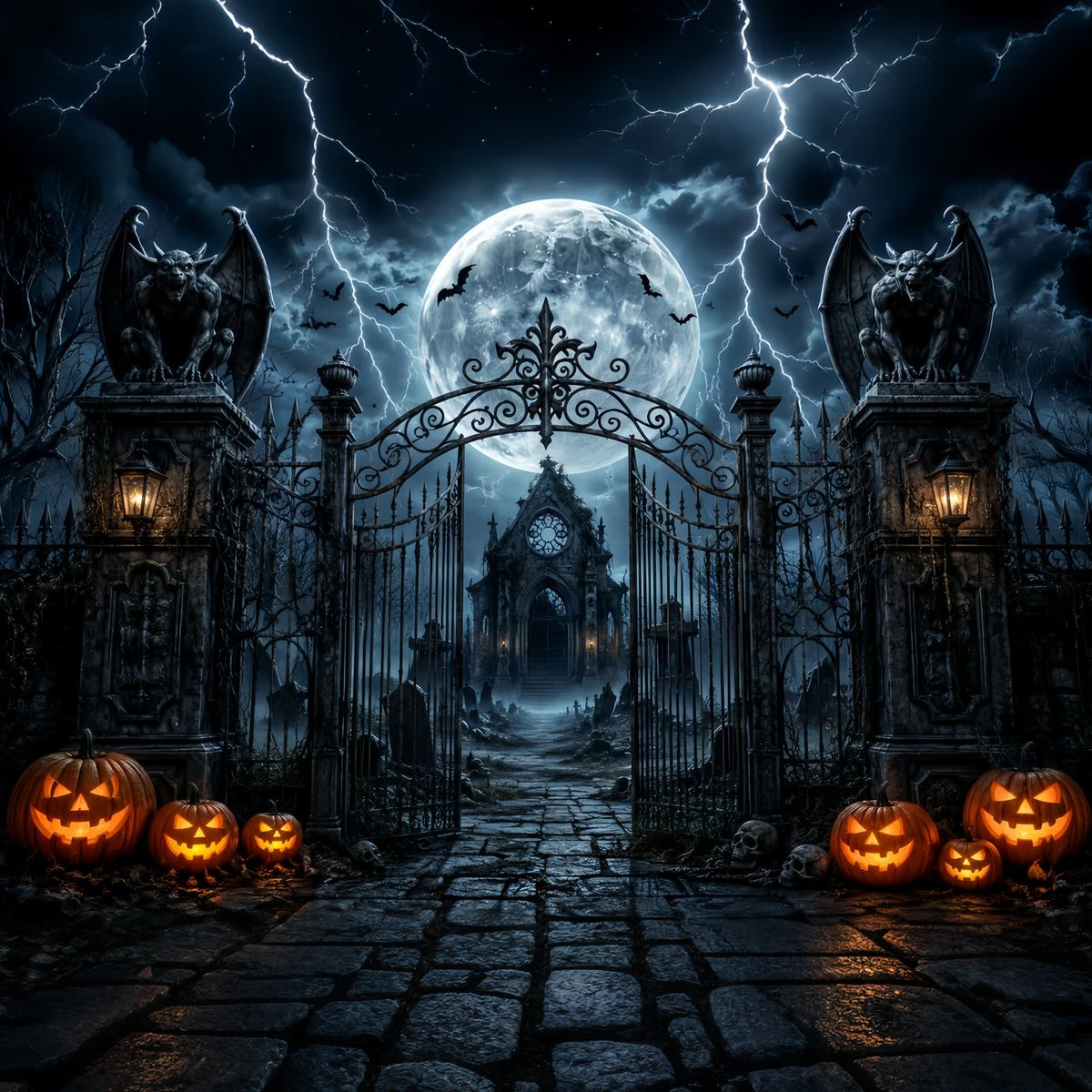 Halloween-Party-Fotohintergrund-IdeenStürmisches Gargoyle-Friedhofstor Gruseliger Halloween-Hintergrund LXX67-154