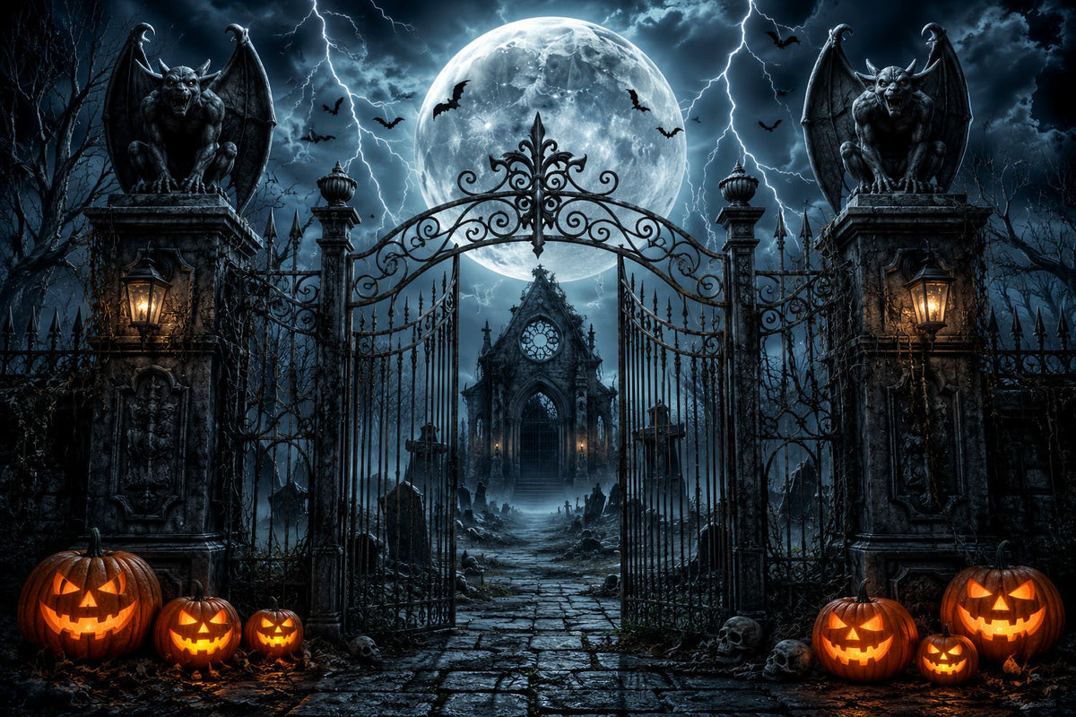 Halloween-Party-Fotohintergrund-IdeenStürmisches Gargoyle-Friedhofstor Gruseliger Halloween-Hintergrund LXX67-154