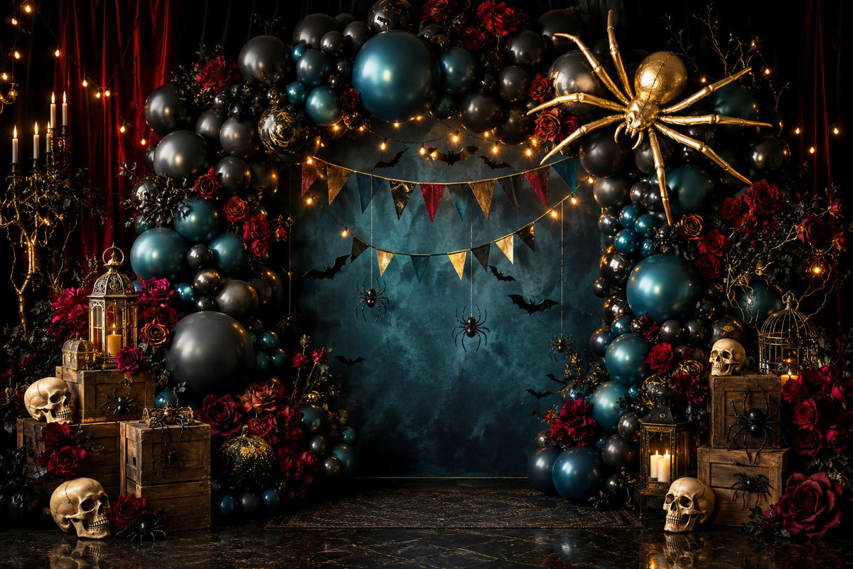 Gruselige Halloween-Fotohintergründe Totenkopf Spinne Ballonbogen Happy Halloween Hintergrund LXX67-156