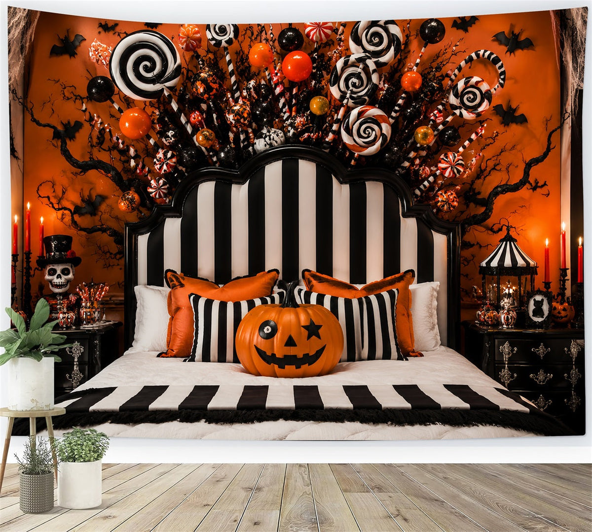 Halloween-Party-Fotohintergrund Gestreift Süßigkeiten Kürbis Schlafzimmer-Halloween-Hintergrund LXX67-160