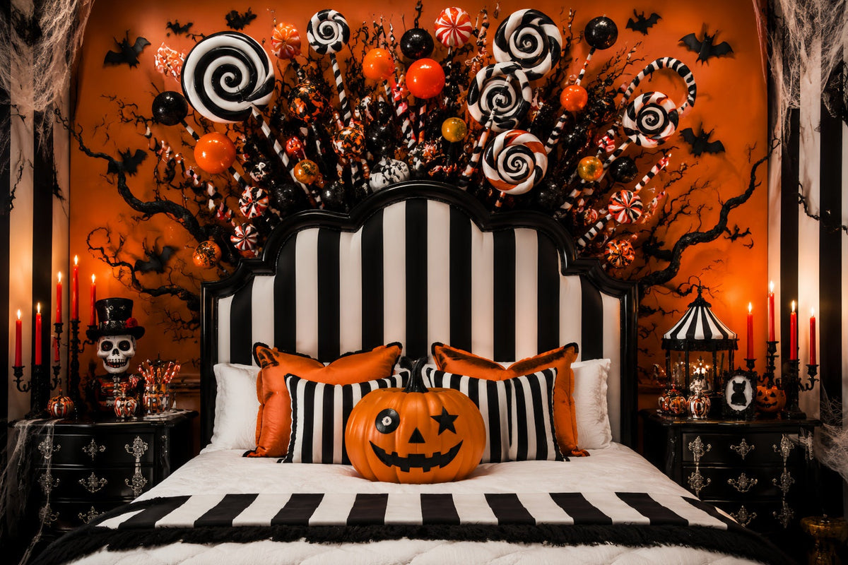 Halloween-Party-Fotohintergrund Gestreift Süßigkeiten Kürbis Schlafzimmer-Halloween-Hintergrund LXX67-160