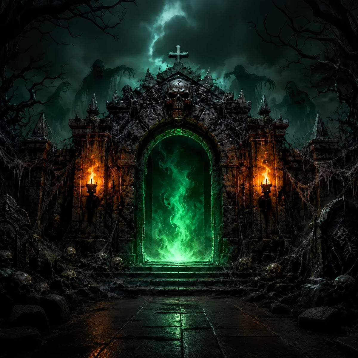 Halloween-Party-Hintergründe Grüne Totenkopf-Portal-Festung Halloween-Fotokabinen-Hintergrund LXX67-166
