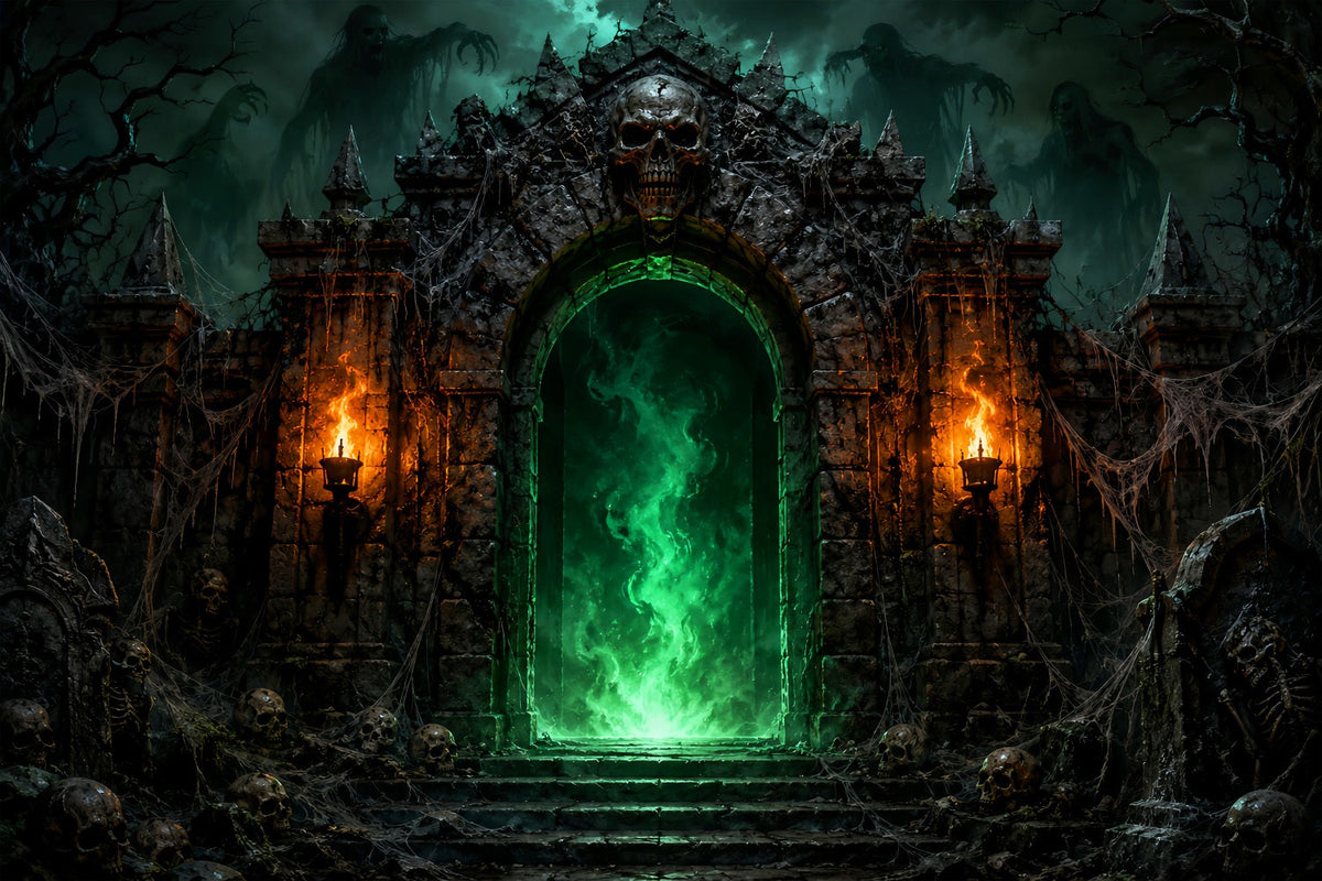Halloween-Party-Hintergründe Grüne Totenkopf-Portal-Festung Halloween-Fotokabinen-Hintergrund LXX67-166