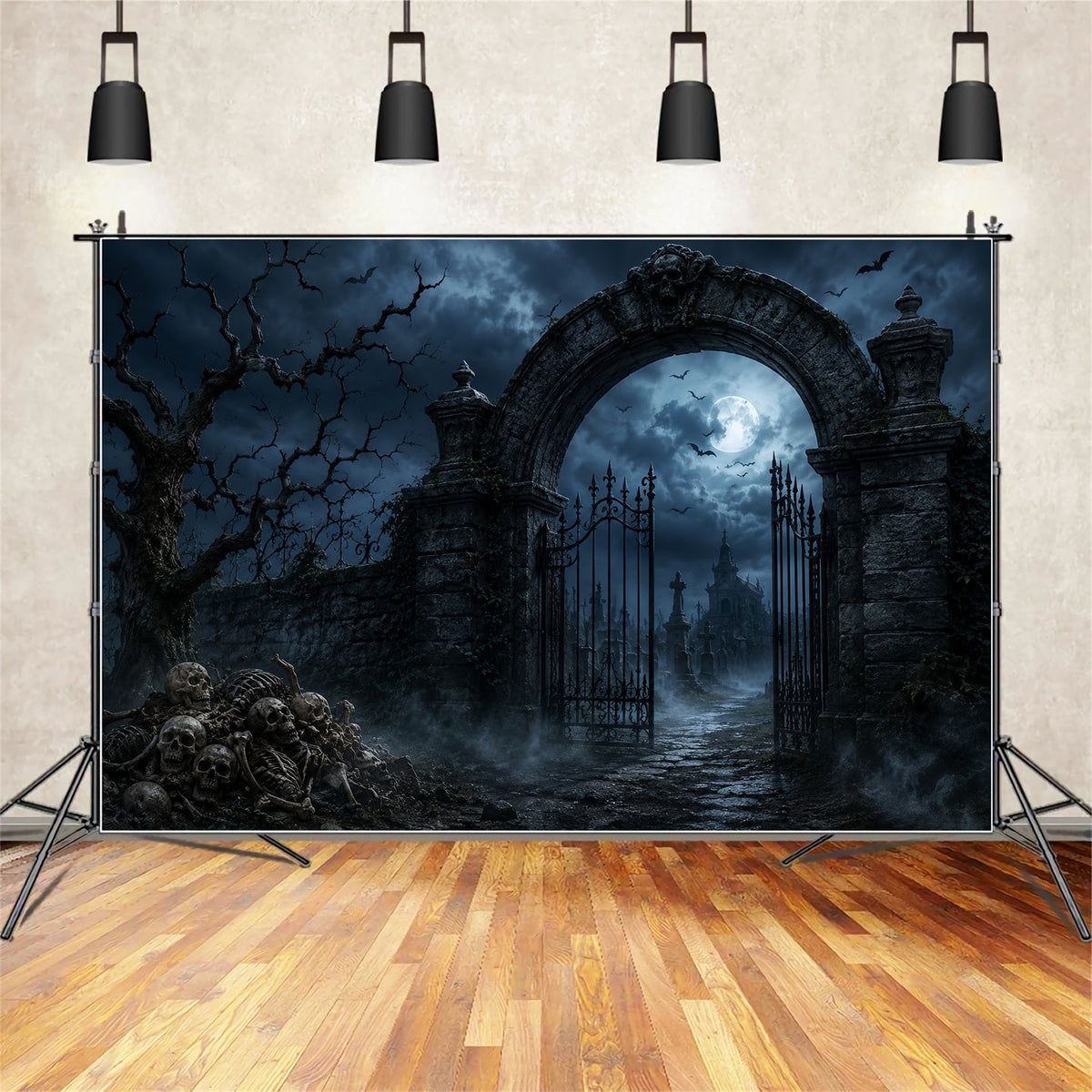 Halloween-Hintergrund Für Den AußenbereichSkelett-Friedhofssteintor Gruseliger Halloween-Hintergrund LXX67-168