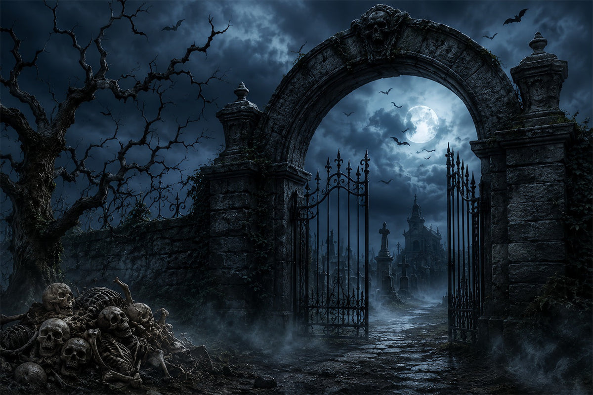 Halloween-Hintergrund Für Den AußenbereichSkelett-Friedhofssteintor Gruseliger Halloween-Hintergrund LXX67-168