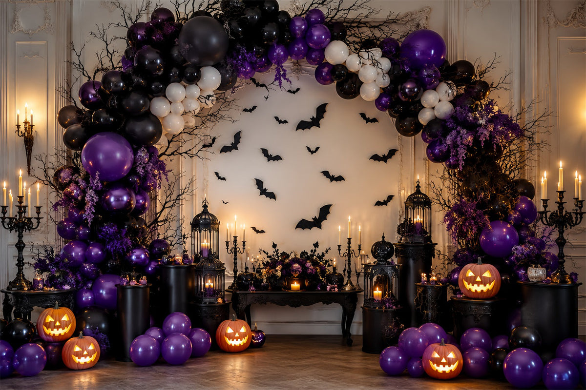 Halloween-Kürbis-Hintergrund Lila Fledermaus-Ballonbogen Halloween-Fotohintergrund-Ideen LXX67-171