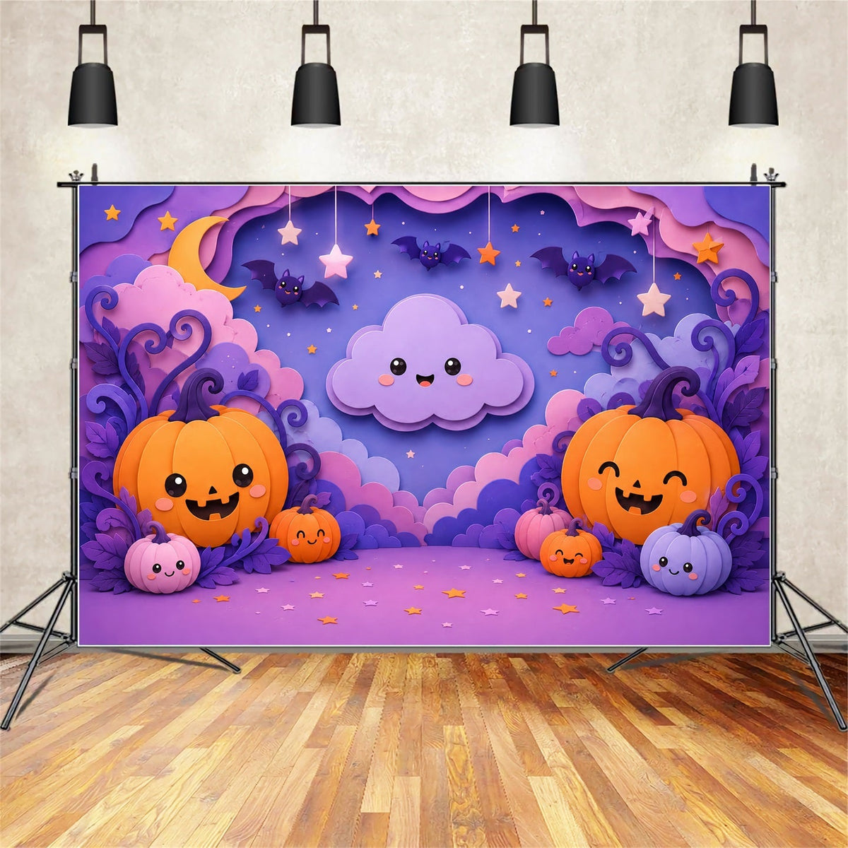 Niedlicher Halloween-Fotohintergrund Pastellfarbene Kürbiswolke Partyhintergrund Halloween LXX67-172