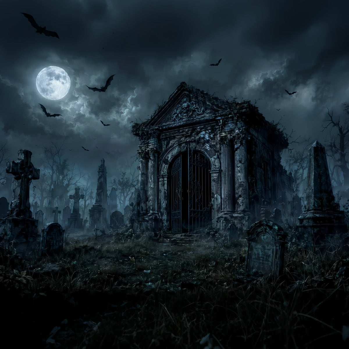 Individuell Gestaltete Halloween-KulisseMondbeschienener Gotischer Friedhof Mit Mausoleum LXX67-173