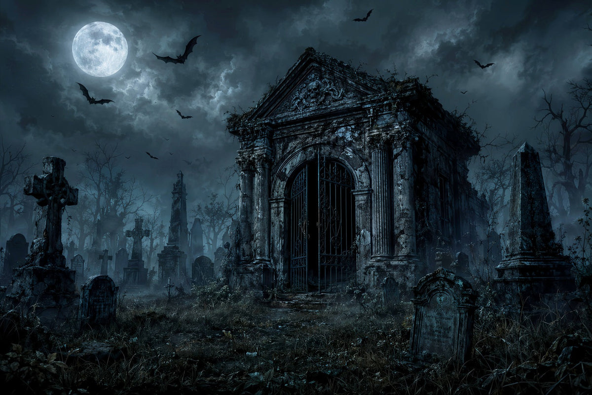 Individuell Gestaltete Halloween-KulisseMondbeschienener Gotischer Friedhof Mit Mausoleum LXX67-173