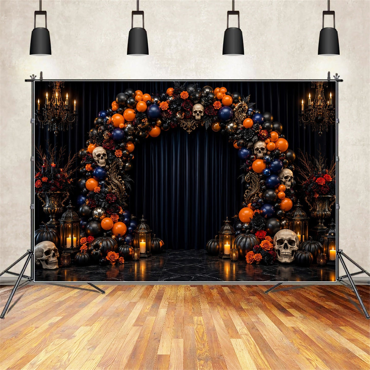 Halloween-Fotohintergrund-IdeenTotenkopf-Rosen-Ballonbogen Halloween-Fotohintergrund LXX67-174