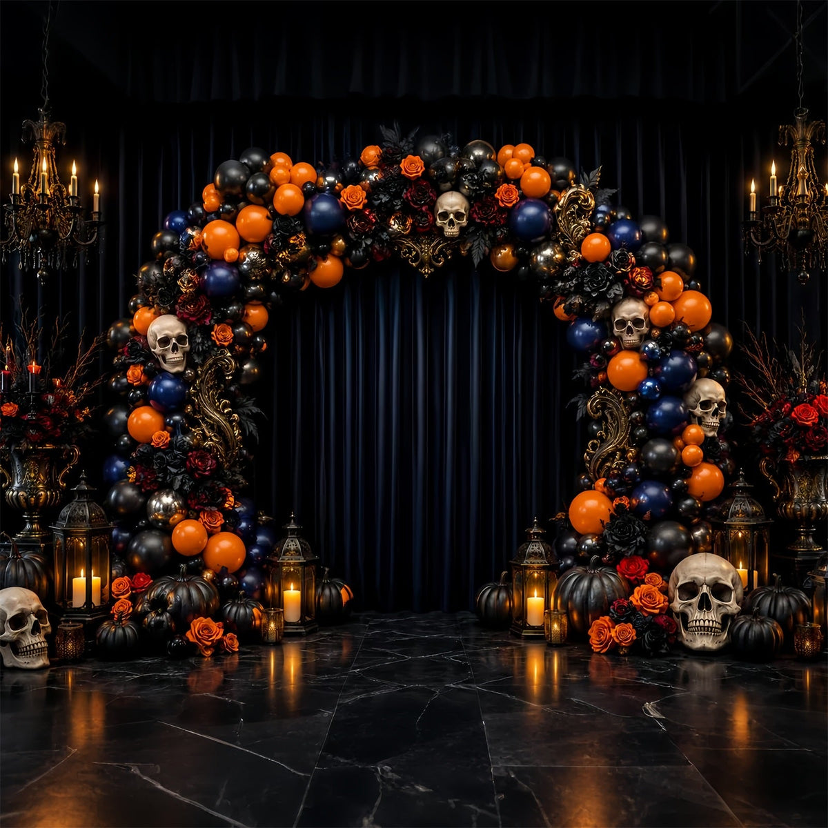 Halloween-Fotohintergrund-IdeenTotenkopf-Rosen-Ballonbogen Halloween-Fotohintergrund LXX67-174