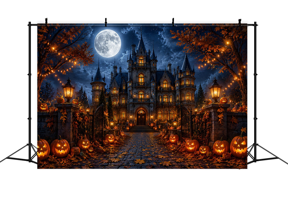 Herbstliche Halloween-KulisseMondbeschienenes Gotisches Herrenhaus Mit Kürbissen Gruselige Halloween-Kulissen LXX67-18
