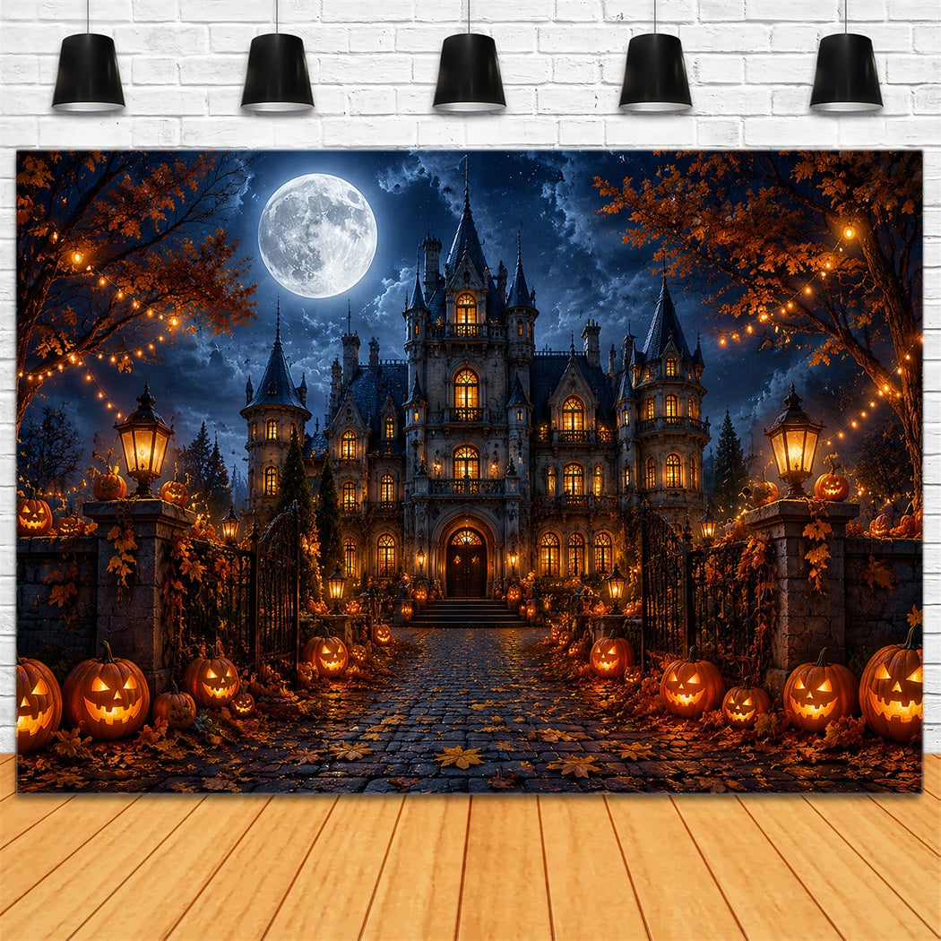 Herbstliche Halloween-KulisseMondbeschienenes Gotisches Herrenhaus Mit Kürbissen Gruselige Halloween-Kulissen LXX67-18