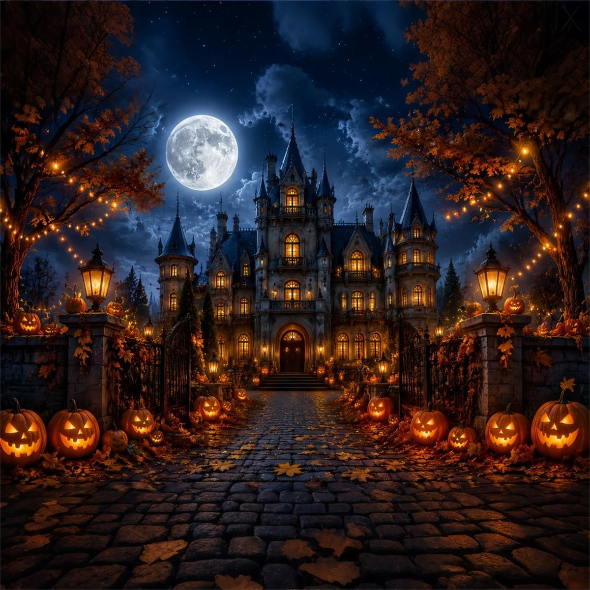 Herbstliche Halloween-KulisseMondbeschienenes Gotisches Herrenhaus Mit Kürbissen Gruselige Halloween-Kulissen LXX67-18