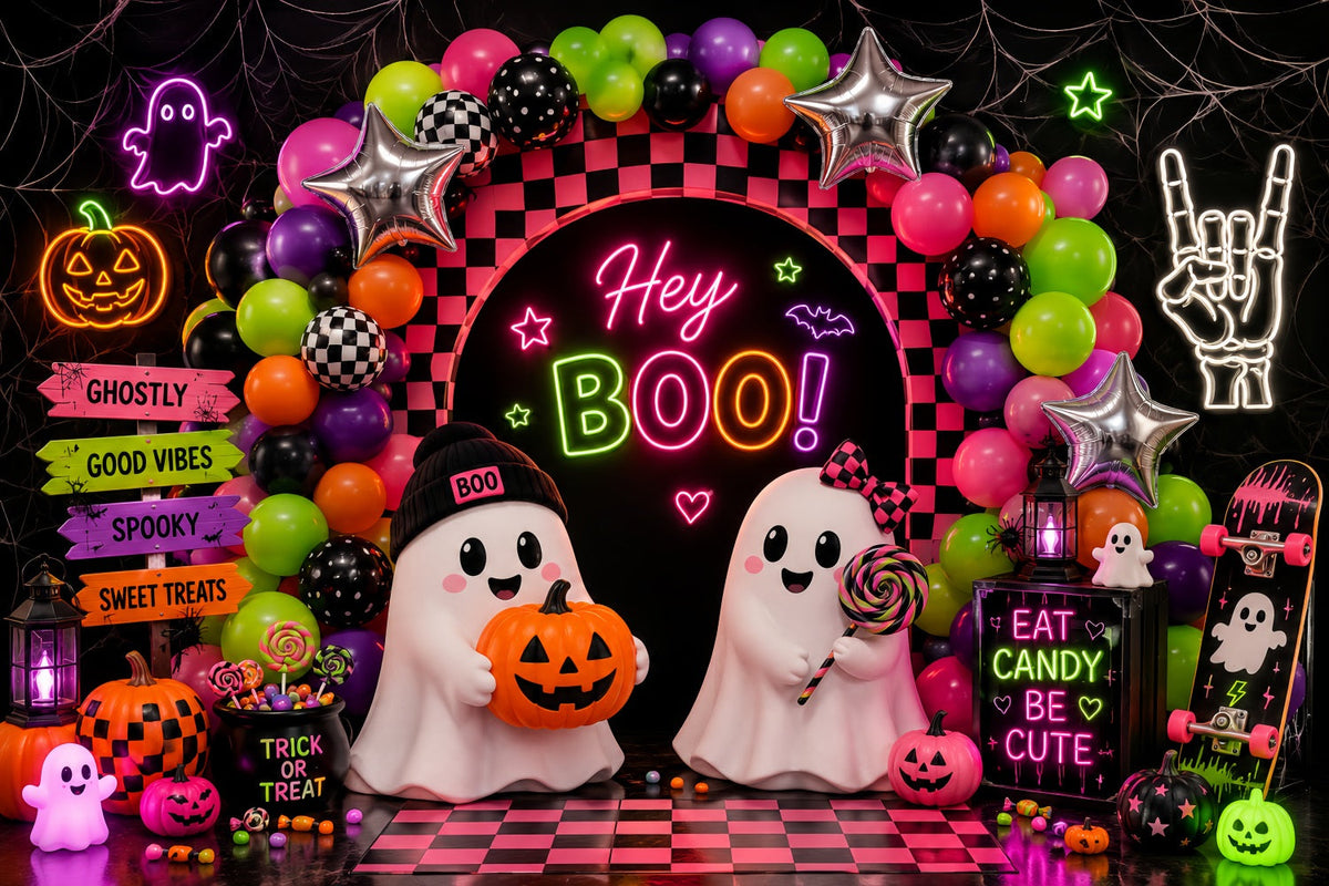 Halloween-Hintergrund Für Fotobox Neon-Geisterballon-Party Niedlicher Halloween-Hintergrund LXX67-182