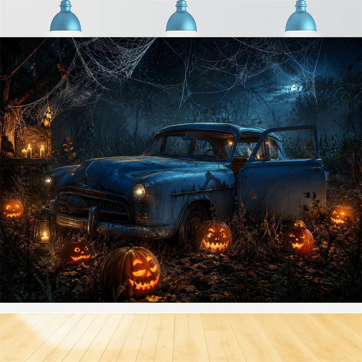 Halloween-Garage-Kulisse Verlassener Kürbiswald Auto-Kulissen Für Halloween LXX67-184