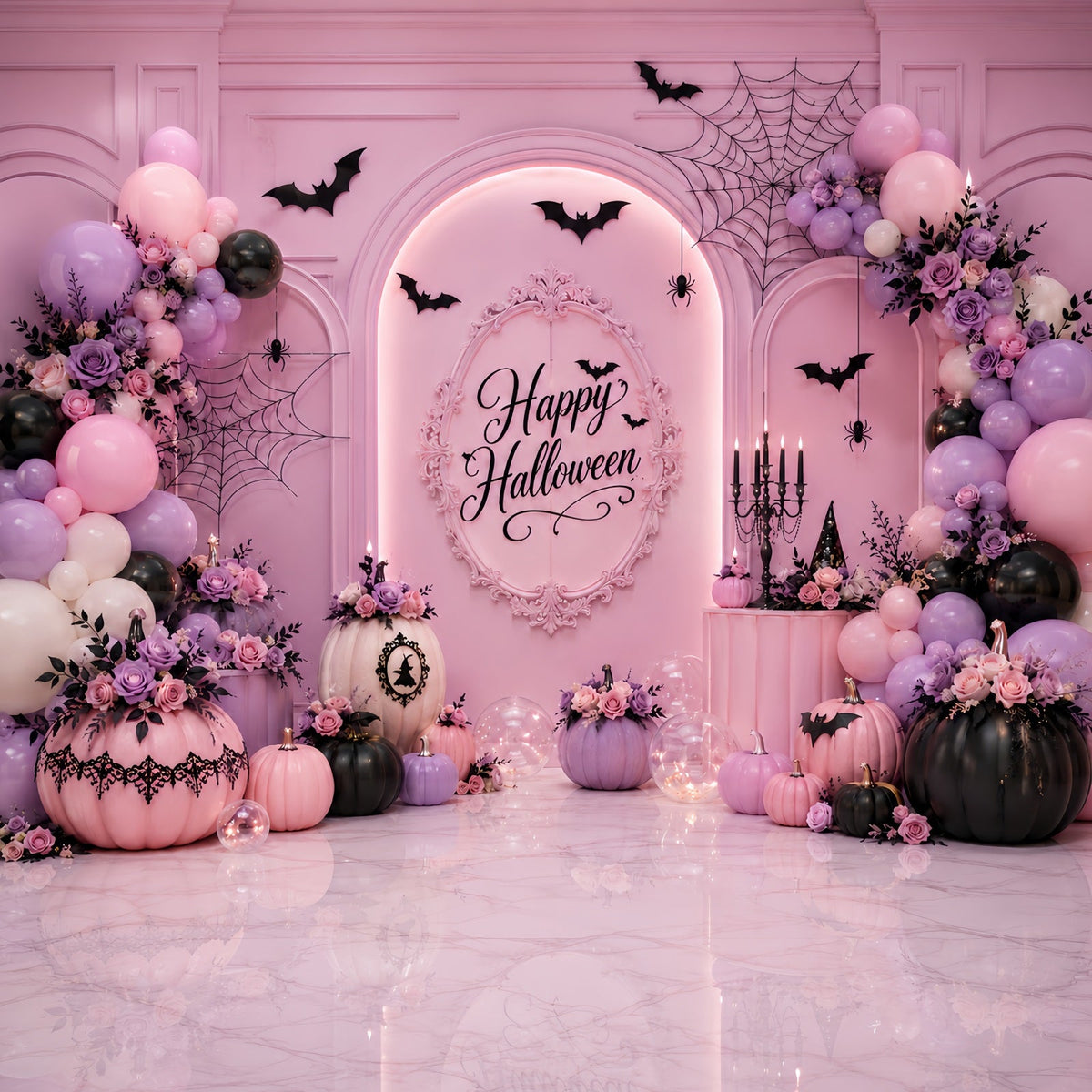 Halloween-Fotohintergrund Pastellkürbis-Blumenballonbogen Halloween-Geburtstagshintergrund LXX67-185