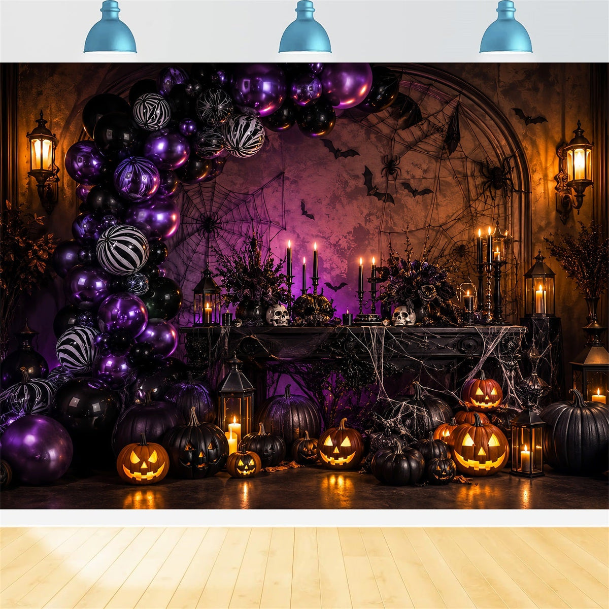 Halloween-Ballon-Hintergrund Lila Kürbis Spinnennetz Halloween-Themen-Hintergrund LXX67-189