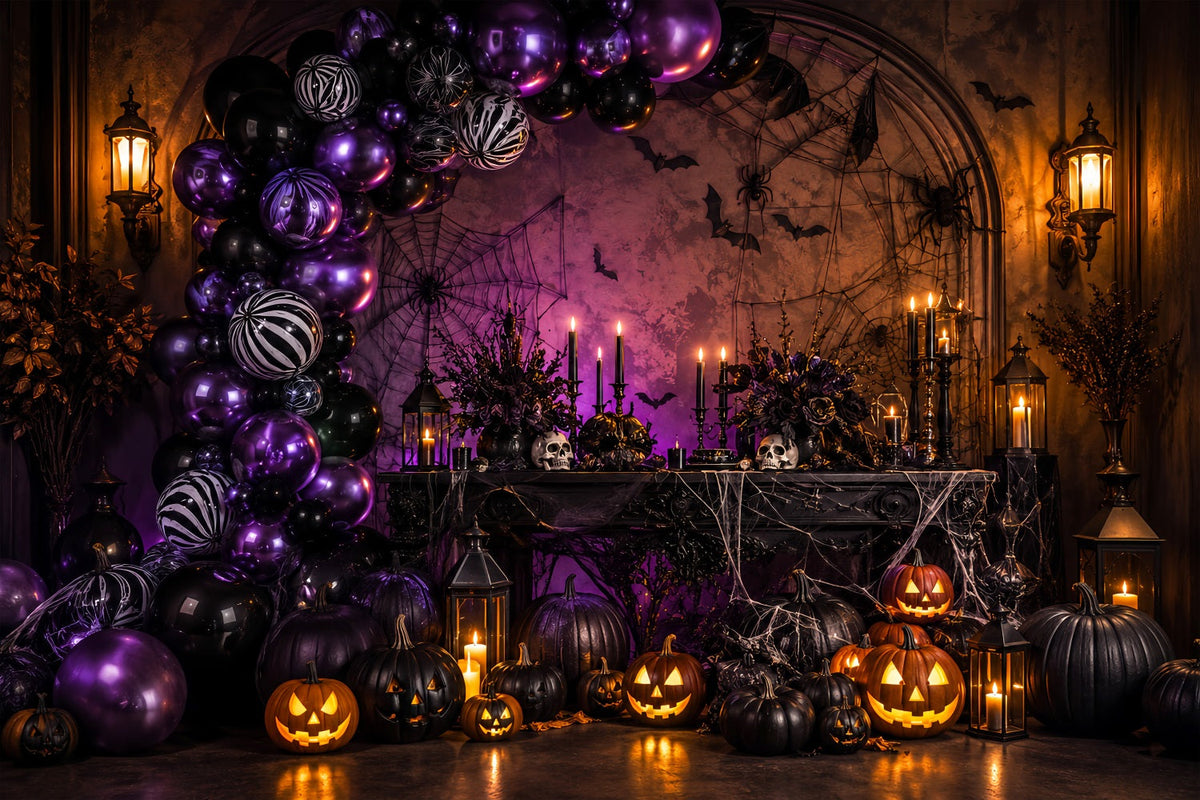 Halloween-Ballon-Hintergrund Lila Kürbis Spinnennetz Halloween-Themen-Hintergrund LXX67-189