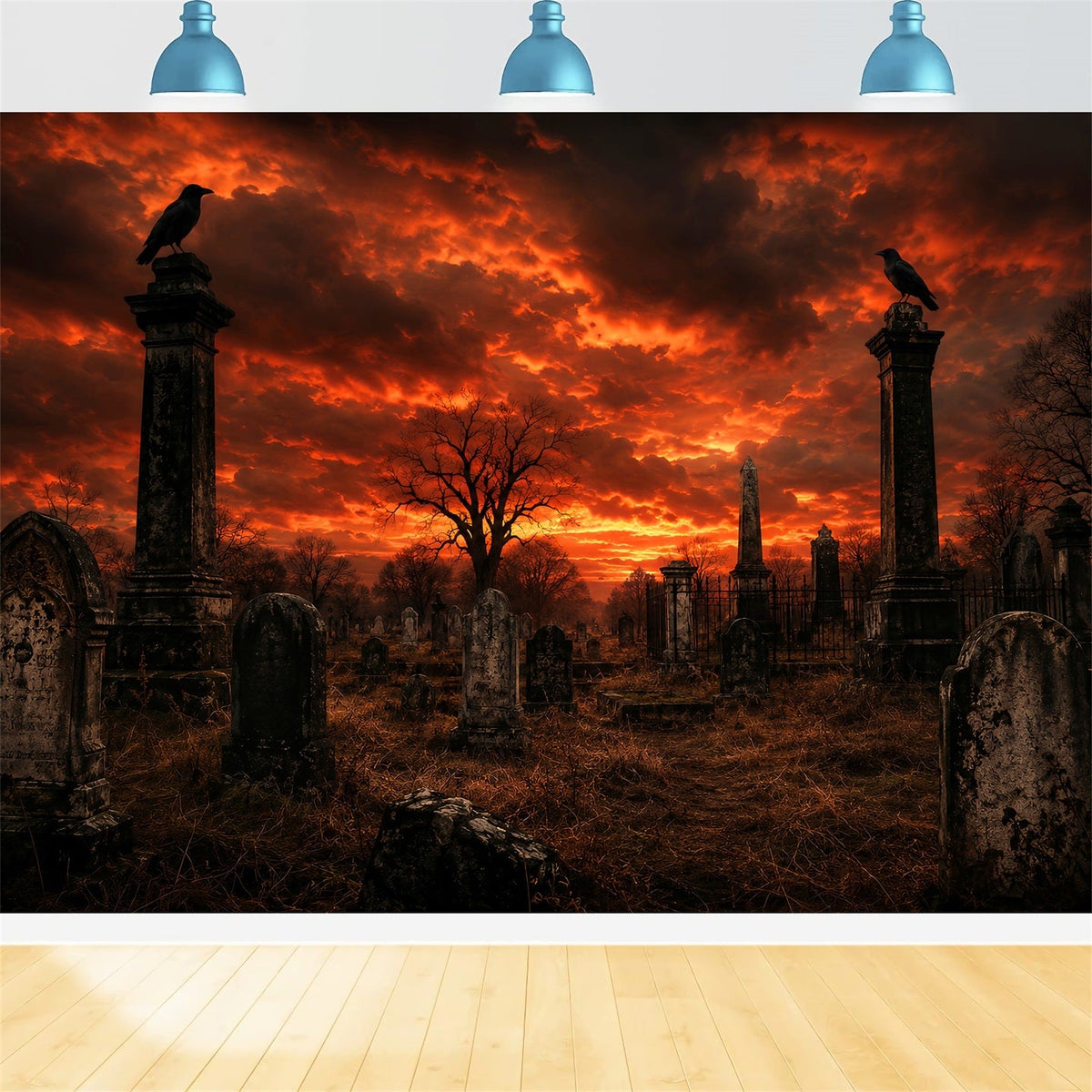 Halloween-Hintergrundideen Zum SelbermachenFeuriger Sonnenuntergang Rabenfriedhof Gruselige Hintergründe Für Halloween LXX67-190