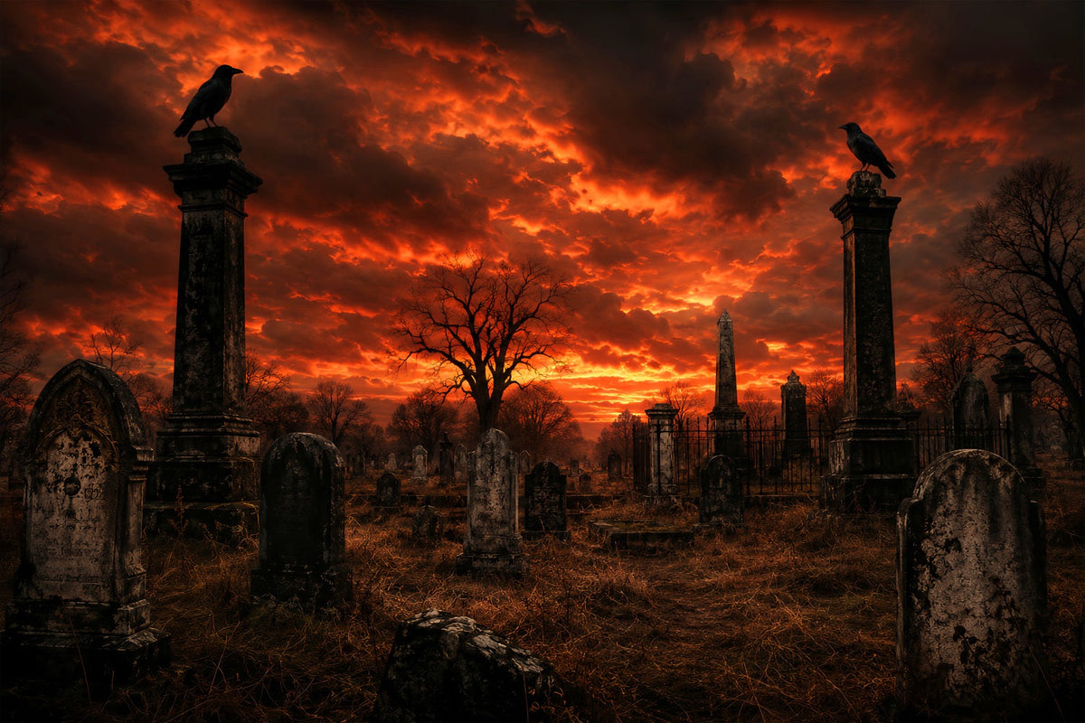 Halloween-Hintergrundideen Zum SelbermachenFeuriger Sonnenuntergang Rabenfriedhof Gruselige Hintergründe Für Halloween LXX67-190