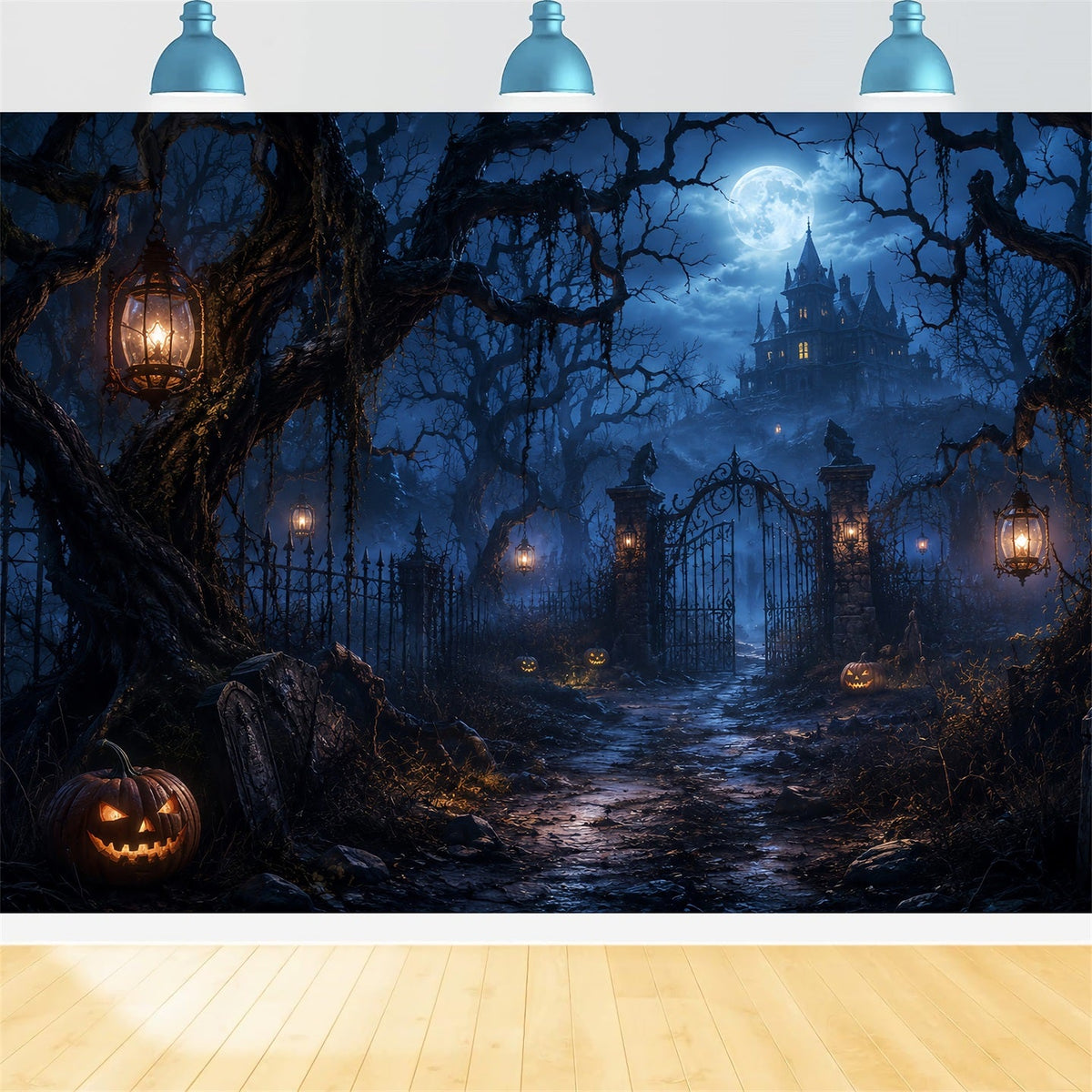 Halloween-Waldkulisse Mondbeschienenes Spukhaus-Tor Vintage-Halloween-Kulisse LXX67-191
