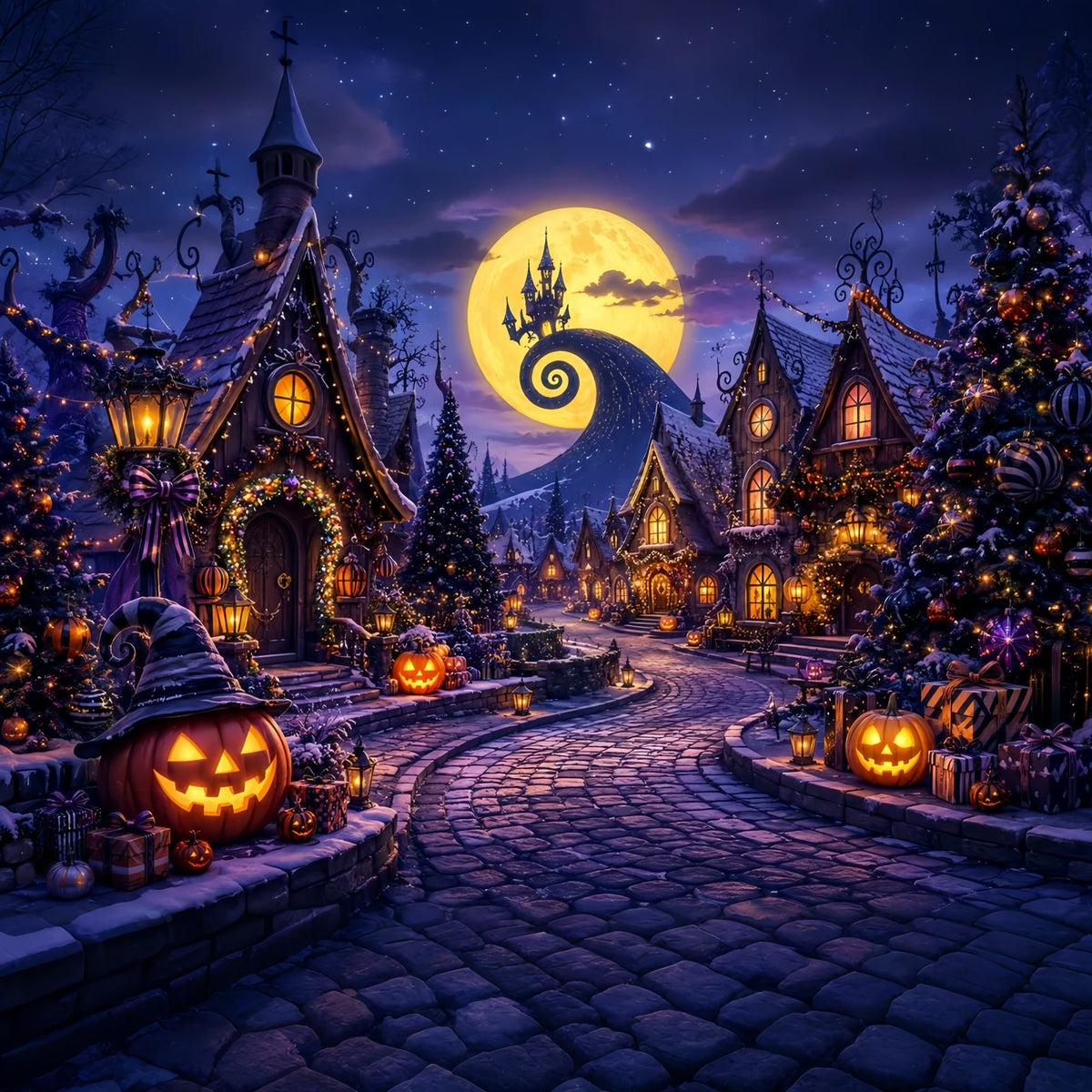 Fotohintergründe Halloween Mondlicht Kürbis Weihnachtsdorf Halloween Stadt Hintergrund LXX67-196