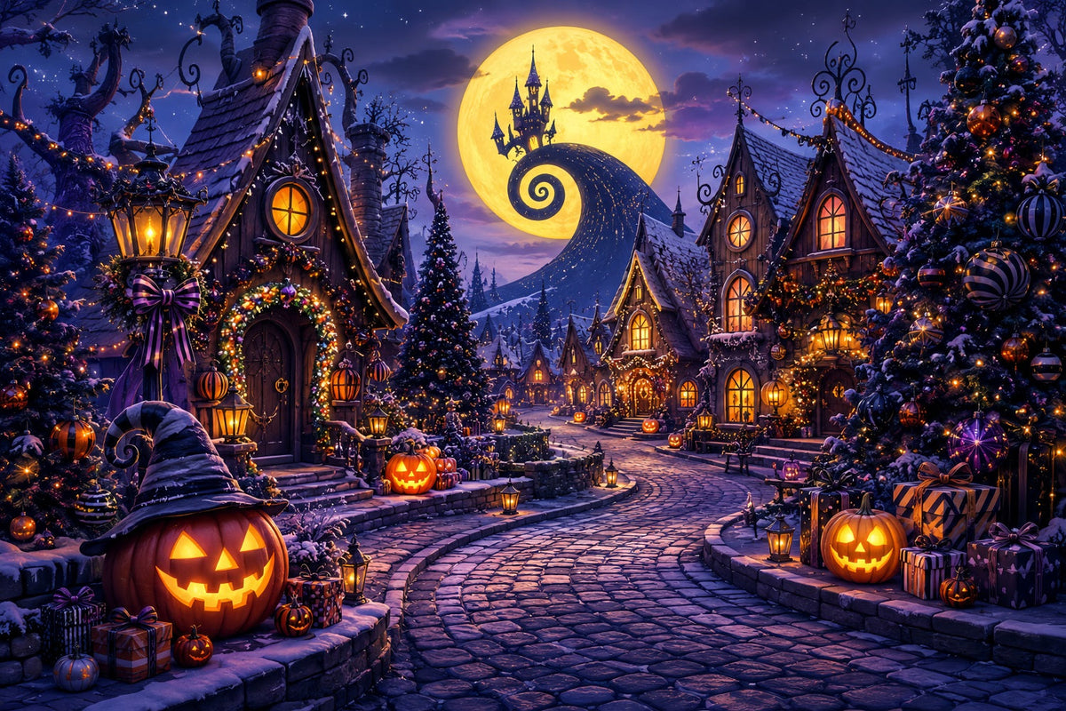 Fotohintergründe Halloween Mondlicht Kürbis Weihnachtsdorf Halloween Stadt Hintergrund LXX67-196