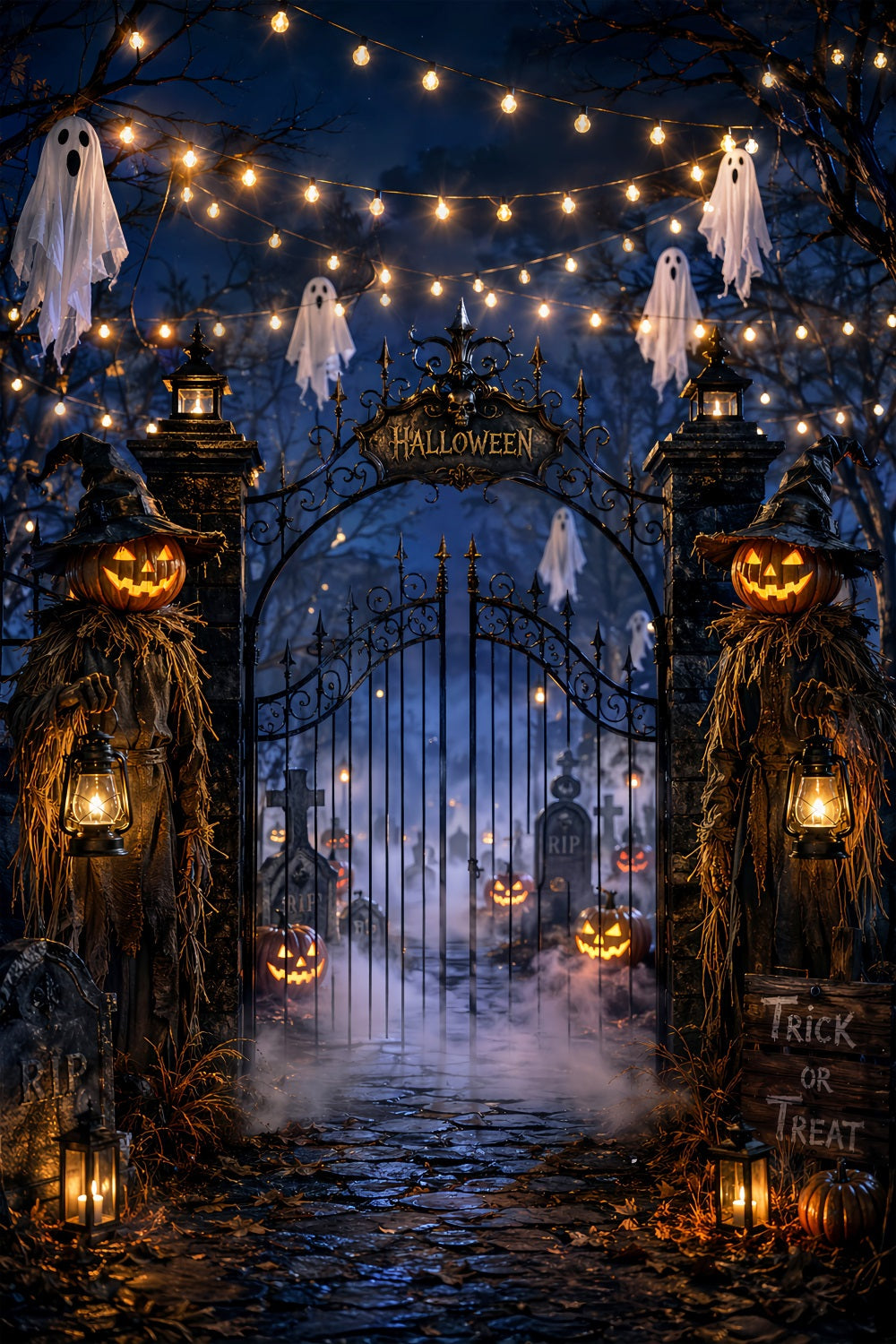 Halloween-Party-HintergrundideenGeisterhafte Laterne Friedhofseingang Gruselige Halloween-Hintergründe LXX67-197