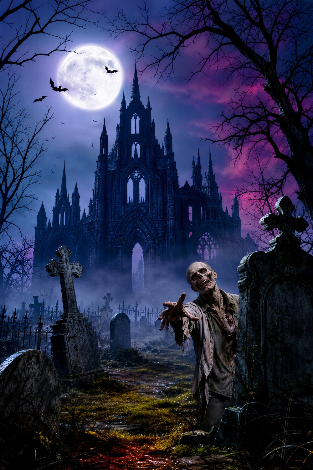 Halloween Party Fotohintergrund Mondbeschienene Burg Zombie Friedhof Halloween LXX67-1