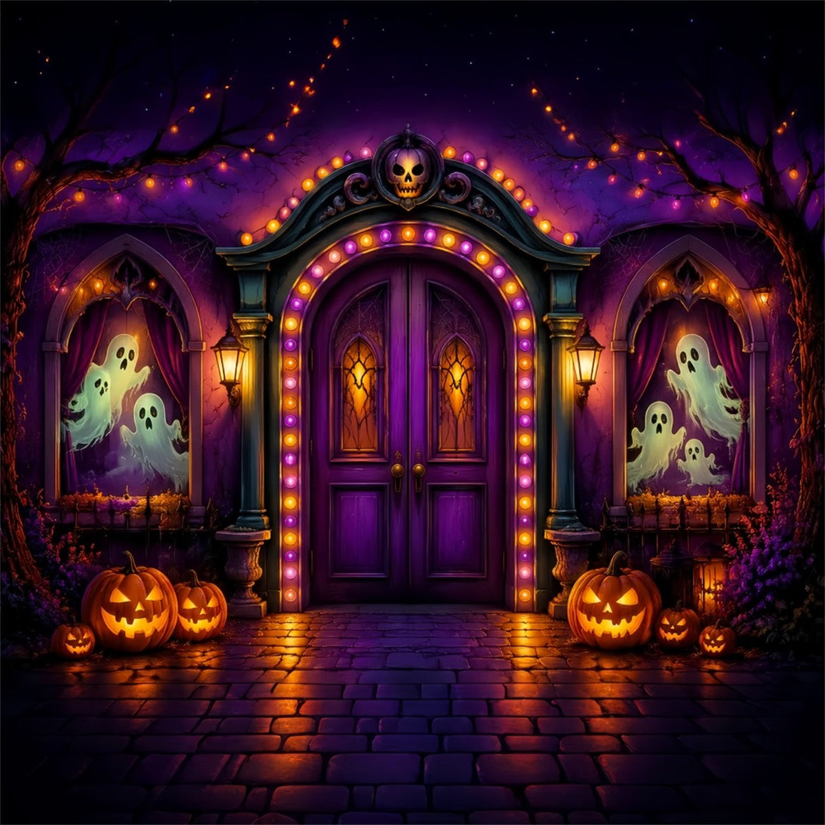 Halloween-Kulissen Aus Pappe Lila Geisterbogen-Eingang Halloween-Fotografie-Hintergrund LXX67-20
