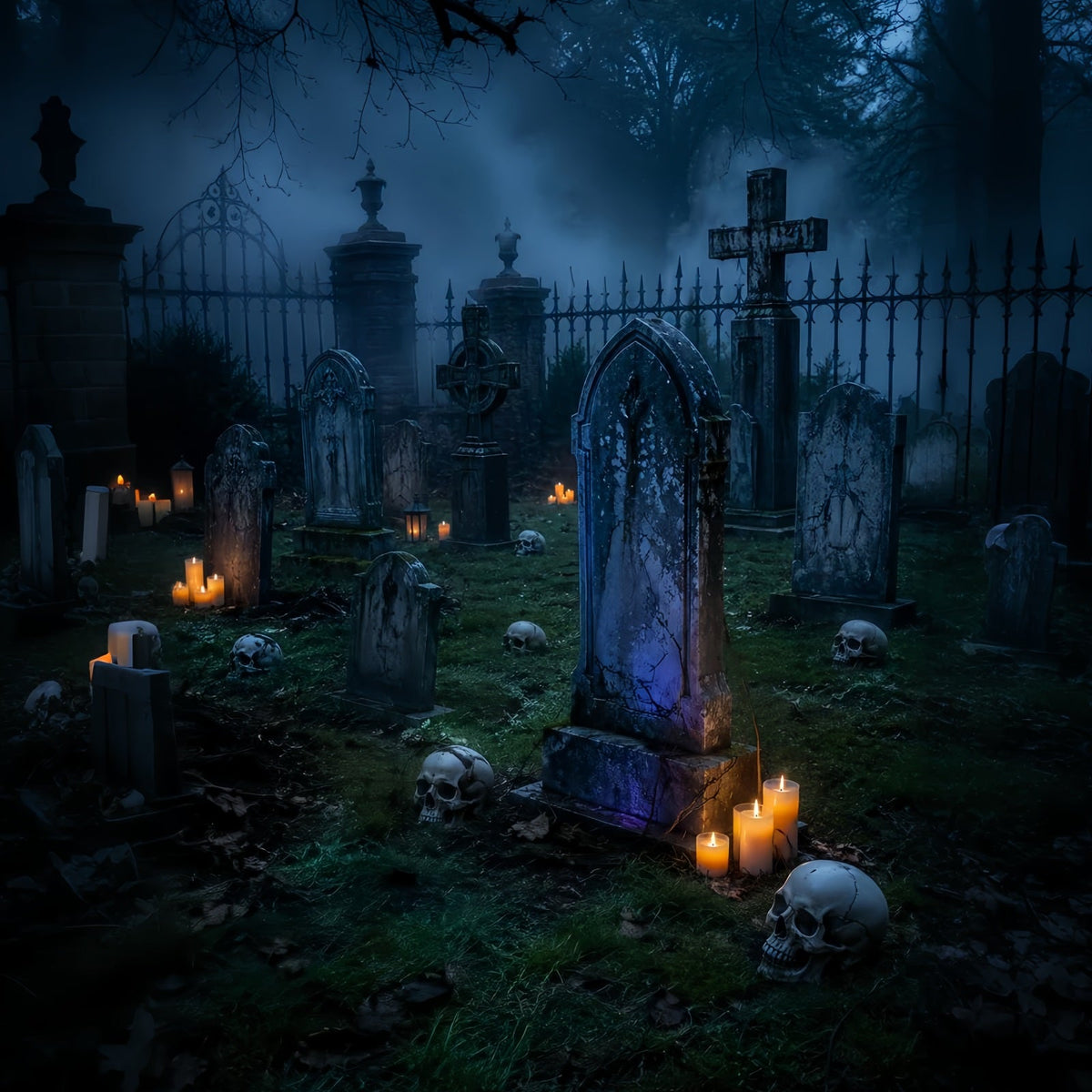 Halloween-Stoffhintergrund Nebliger Totenkopf Im Kerzenschein Friedhof Halloween-Hintergründe LXX67-202