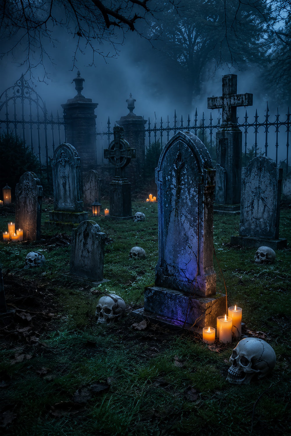 Halloween-Stoffhintergrund Nebliger Totenkopf Im Kerzenschein Friedhof Halloween-Hintergründe LXX67-202
