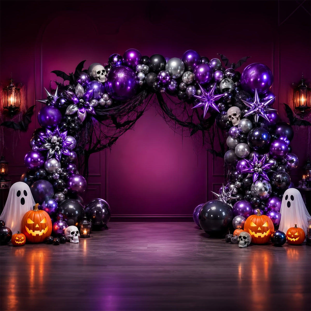 Halloween-HintergrundideenDiy-Ballonbogen Mit Lila Totenkopf Und Geistermotiv LXX67-203